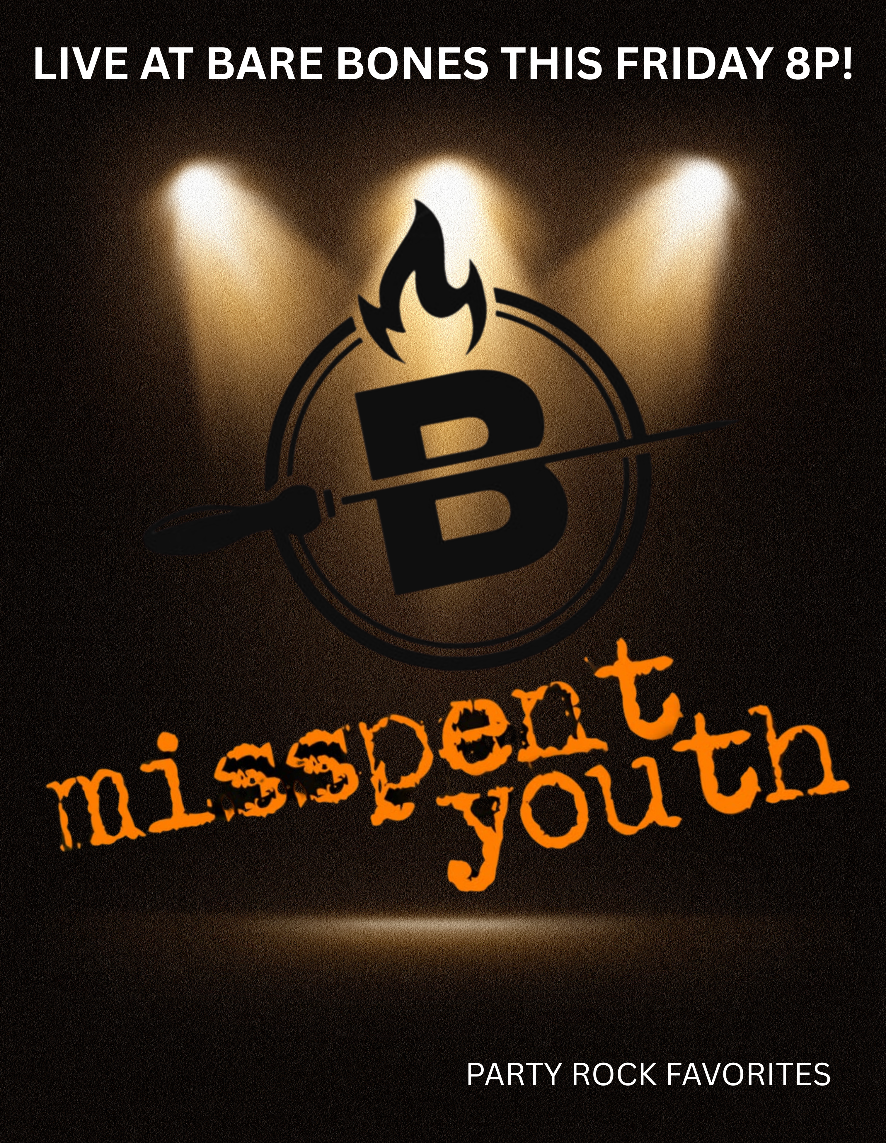 Misspent Youth live at Bare Bones gig poster, party rock favorites