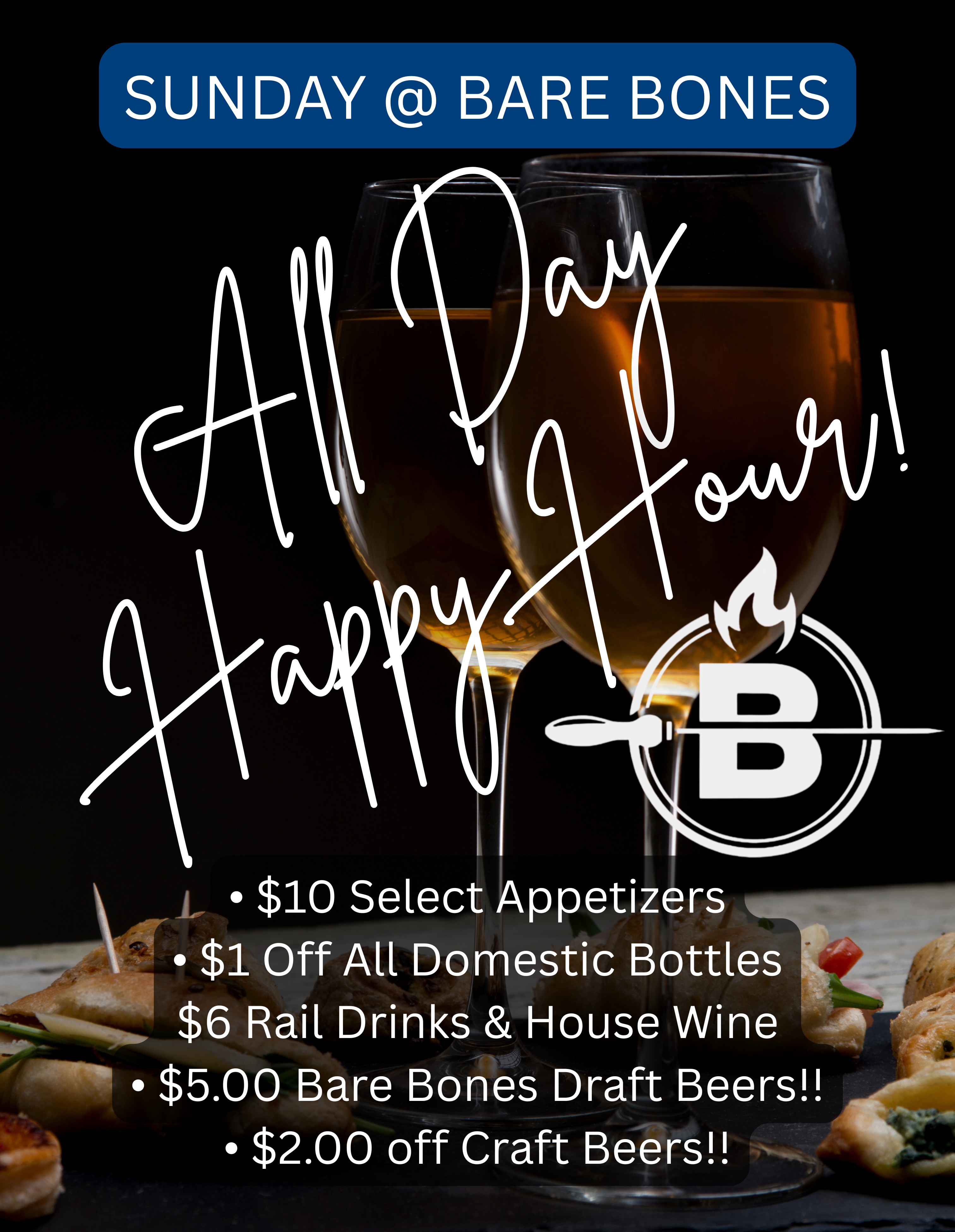 Bare Bones Sunday all day happy hour drink specials